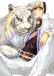  black_hair blue_eyes hat heicrosshong highres jojo_no_kimyou_na_bouken kuujou_joutarou long_coat older tiger white_tiger 