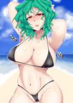  armpits arms_up beach bikini black_bikini blush breasts day green_hair highres kazami_yuuka large_breasts nipples red_eyes s-m!le_yuu short_hair solo swimsuit touhou 