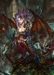  armor baraba_baba bat_wings breasts cleavage creature feathers highres horns large_breasts lavender_hair magic monster_girl original pointy_ears standing weapon wings 