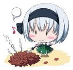  black_hairband blush_stickers bonfire burning chibi hairband konpaku_youmu konpaku_youmu_(ghost) leaf musical_note nori_tamago short_hair silver_hair smile smoke solo sword touhou weapon |_| 