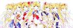  6+girls :p ;o back_bow bishoujo_senshi_sailor_moon blonde_hair blue_eyes blue_sailor_collar bow brooch choker circlet closed_eyes crescent_moon double_bun earrings elbow_gloves eternal_sailor_moon facial_mark forehead_mark gloves hair_ornament hairclip hands_clasped heart heart_choker highres interlocked_fingers jewelry juuban_middle_school_uniform jyu_(foliumfici) long_hair moon multiple_girls multiple_persona neo_queen_serenity older one_eye_closed own_hands_together princess_serenity red_bow red_choker sailor_collar sailor_moon sailor_senshi_uniform school_uniform serafuku smile super_sailor_moon tiara tongue tongue_out tsuki_ni_kawatte_oshioki_yo tsukino_usagi twintails white_gloves wince yawning 