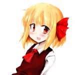  :d ascot blonde_hair fang hair_ribbon iruru5666 open_mouth red_eyes ribbon rumia shirt short_hair smile touhou vest 