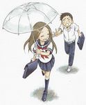  1girl :d ^_^ bag black_hair brown_hair closed_eyes full_body karakai_jouzu_no_takagi-san kneehighs long_hair nishikata official_art open_mouth pleated_skirt rectangular_mouth running school_bag school_uniform serafuku short_hair skirt smile square_mouth takagi-san transparent transparent_umbrella umbrella yamamoto_souichirou 