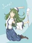  blue_background chii-kun_(seedyoulater) closed_eyes detached_sleeves frog frog_hair_ornament gohei green_hair hair_ornament kochiya_sanae long_hair sketch smile snake snake_hair_ornament solo touhou 