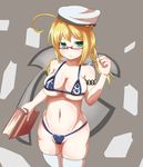  bikini blonde_hair book crown495 glasses green_eyes hat i-8_(kantai_collection) kantai_collection long_hair low_twintails micro_bikini peaked_cap solo swimsuit thighhighs twintails 