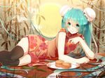  :t aqua_eyes aqua_hair arm_support bamboo china_dress chinese_clothes double_bun dress eating hatsune_miku long_hair lying mooncake on_side phino plate solo thighhighs twintails very_long_hair vocaloid 