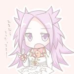  chibi ibuki_(clover_club) japanese_clothes jun'you_(kantai_collection) kantai_collection long_hair looking_at_viewer open_mouth purple_eyes purple_hair scissors solo translated 