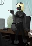  anthro black_fur black_legwear blonde_hair bra breasts canine chest_tuft clothed clothing crossed_legs desk dog female fur hair inside legwear looking_at_viewer lunarez mammal office panties pipe sitting solo stockings tongue tongue_out tuft underwear 