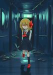 :d arms_behind_back ascot blonde_hair exit_sign fang hair_ribbon highres hinami047 indoors open_mouth red_eyes ribbon rumia shirt short_hair skirt smile solo touhou vest 
