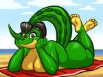  beach big_breasts black_hair breasts claws cleavage clothed clothing crocodile female green_skin hair happy hindpaw kostos_art looking_at_viewer nude paws relaxing reptile scalie seaside smile solo water 