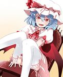  ascot bat_wings blue_hair bow chair dress fangs hat hat_bow hat_ribbon highres mob_cap nobu_baka open_mouth red_bow red_eyes red_ribbon remilia_scarlet ribbon short_hair sitting smile solo thighhighs touhou white_legwear wings 