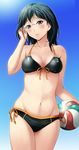  adjusting_hair ball bangs beach_volleyball bikini black_bikini black_hair blue_eyes blue_sky blush breasts breasts_apart cleavage clothes_writing collarbone cowboy_shot day front-tie_bikini front-tie_top glasses gradient gradient_background groin haikyuu!! holding looking_at_viewer lowleg lowleg_bikini medium_breasts mole navel outdoors pink-framed_eyewear rimless_eyewear shian_(my_lonly_life.) shimizu_kiyoko short_hair side-tie_bikini sky solo standing stomach swimsuit volleyball wide_hips 