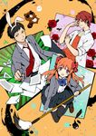  2boys :d absurdres bad_id bad_pixiv_id black_eyes black_hair black_legwear bow brown_hair calligraphy_brush flower gekkan_shoujo_nozaki-kun hair_bow hair_ribbon highres inkwell long_hair looking_at_viewer mechanical_pencil mikoshiba_mikoto multiple_boys nosaki nozaki_umetarou open_mouth paintbrush pen pencil pleated_skirt polka_dot polka_dot_bow purple_eyes red_eyes red_hair ribbon rose rouman_academy_uniform sakura_chiyo school_uniform shoes skirt smile tanuki thighhighs zettai_ryouiki 