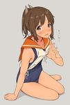  arm_support bare_shoulders barefoot blush brown_eyes brown_hair highres i-401_(kantai_collection) jpeg_artifacts kantai_collection looking_at_viewer one-piece_swimsuit open_mouth ponytail saboten sailor_collar school_swimsuit school_uniform shirt_lift short_hair short_ponytail sitting smile solo sweat swimsuit swimsuit_under_clothes tan tanline translated yokozuwari 