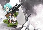  aqua_eyes aqua_hair black_gloves chaps fingerless_gloves gloves green_legwear gun hair_ornament hairclip hao_(patinnko) one_knee pgm_hecate_ii rebar rifle scarf short_hair short_shorts shorts sinon sniper_rifle solo sword_art_online taking_cover trigger_discipline weapon 