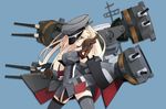  bismarck_(kantai_collection) blonde_hair blue_background blue_eyes breasts brown_gloves clenched_hand cowboy_shot gloves grey_legwear hat hat_over_one_eye iwasaki_takashi kantai_collection large_breasts long_hair looking_at_viewer machinery outstretched_hand peaked_cap solo thighhighs 
