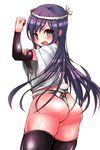  aqua_eyes arm_warmers asashio_(kantai_collection) ass bad_id bad_pixiv_id black_legwear blush cowboy_shot d: flexing from_behind fundoshi hachimaki headband highres japanese_clothes kantai_collection long_hair looking_at_viewer looking_back nejiri_hachimaki open_mouth pose purple_hair richou_(zerozero1101) solo sweat thighhighs v-shaped_eyebrows very_long_hair wavy_mouth white_background yamakasa 