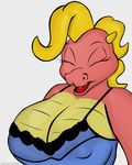  2006 big_breasts bra breast_expansion breasts cassie_(dragon_tales) clothing dragon dragon_tales eyelashes eyes_closed fangs female fur guardianslade horn lizard monochrome open_mouth plain_background reptile scalie solo text tongue underwear white_background 