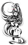  absurdly_long_hair arms_behind_head arms_up battleship_hime black_dress breasts cleavage dress full_body glowing glowing_eye greyscale hair_over_one_eye horns kantai_collection large_breasts leg_up legband long_hair looking_at_viewer mary_janes monochrome red_eyes shinkaisei-kan shoes short_dress simple_background smile solo spot_color squemezzo very_long_hair white_background 