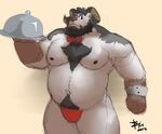  bear beard biceps bin_(artist) bow_tie caprine chest_tuft chubby clothed clothing facial_hair fur horn hybrid looking_at_viewer male mammal musclegut muscles ram skimpy solo speedo standing swimsuit topless tuft zerostar 