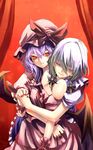  bad_id bad_pixiv_id bat_wings braid closed_eyes eredhen fingernails hair_ribbon hat hug hug_from_behind izayoi_sakuya looking_at_viewer maid multiple_girls nail_polish off_shoulder purple_hair red_eyes remilia_scarlet ribbon silver_hair tears touhou wings 