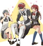  2boys alternate_costume bad_id bad_pixiv_id blush brother_and_sister crossdressing dress enmaided free! full_body heart maid maid_headdress matsuoka_gou matsuoka_rin multiple_boys nitori_aiichirou open_mouth red_eyes red_hair school_uniform sei_(hanibani) shaded_face siblings skirt smile 