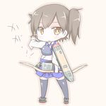  armor arrow bow_(weapon) brown_eyes brown_hair chibi gloves ibuki_(clover_club) japanese_clothes kaga_(kantai_collection) kantai_collection looking_at_viewer machinery muneate open_mouth quiver side_ponytail solo tasuki thighhighs translated weapon 