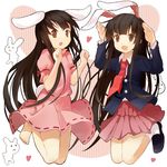  animal_ears barefoot black_hair brown_eyes bunny bunny_ears bunny_tail cosplay dress dual_persona efe heart houraisan_kaguya inaba_tewi inaba_tewi_(cosplay) jacket jumping long_hair long_sleeves md5_mismatch multiple_girls necktie open_mouth pink_dress pleated_skirt puffy_short_sleeves puffy_sleeves red_neckwear reisen_udongein_inaba reisen_udongein_inaba_(cosplay) shirt short_sleeves skirt smile tail touhou very_long_hair 