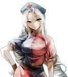  asymmetrical_clothes braid breasts brown_eyes character_name cross dress hand_on_hip hat large_breasts long_hair no-kan nurse_cap puffy_sleeves short_sleeves silver_hair simple_background single_braid smile solo touhou white_background wrist_cuffs yagokoro_eirin 
