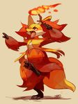  2014 ambiguous_gender canine delphox fennec fire fox holding mammal nintendo open_mouth paws plain_background pok&eacute;mon red_eyes solo stick teeth tongue video_games yellowfur 