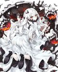  ass breasts cannon cleavage dress high_heels horns kantai_collection large_breasts long_hair looking_at_viewer looking_back midway_hime mitu monster pale_skin red_eyes shinkaisei-kan turret veins very_long_hair white_dress white_hair white_skin 