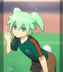  aqua_eyes battle_eleven bunny_tail cowboy_shot fei_rune green_hair inazuma_eleven_(series) inazuma_eleven_choujigen_dream_match inazuma_eleven_go inazuma_eleven_go_chrono_stone leaning_forward looking_at_viewer male_focus mizuhara_aki no_pupils soccer_uniform solo sportswear star tail 