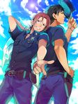  bad_id bad_pixiv_id belt black_hair blue_eyes day free! future_fish grin hat lens_flare male_focus matsuoka_rin multiple_boys pointing police_hat red_eyes red_hair sei_(hanibani) sky smile yamazaki_sousuke 