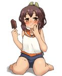  amonitto brown_eyes brown_hair dark_skin food hand_on_own_cheek holding i-401_(kantai_collection) kantai_collection looking_at_viewer ponytail popsicle school_swimsuit school_uniform serafuku sitting solo swimsuit swimsuit_under_clothes wariza 