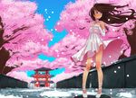  ankle_lace-up brown_hair cherry_blossoms cross-laced_footwear dress dress_lift elbow_gloves gloves hand_on_own_chest highres legs original purple_eyes solo spring_(season) standing stormcow tan torii wind 