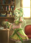  asakurashinji blush book breasts cleavage flower green_eyes green_hair hair_ornament highres holding jewelry long_hair looking_at_viewer original parted_lips pendant rose side_ponytail small_breasts solo thighhighs vase zettai_ryouiki 
