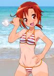  beach bikini day highres hino_akane_(smile_precure!) ocean outdoors precure red_eyes red_hair ryuuta_(cure_ryuuta) short_hair smile_precure! solo spatula swimsuit tan tanline 