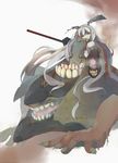  absurdly_long_hair absurdres aiming_at_viewer anchorage_oni arm_cannon bare_shoulders hair_ornament highres kantai_collection light_smile long_hair looking_at_viewer machinery murakami_mame no_nose orange_eyes shinkaisei-kan silver_hair sleeveless solo teeth turret very_long_hair weapon white_skin 