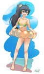  :d antenna_hair aqua_eyes bare_legs barefoot bikini black_hair don_michael fang frilled_bikini frills ganaha_hibiki green_bikini high_ponytail idolmaster idolmaster_(classic) long_hair open_mouth ponytail smile solo swimsuit transparent 