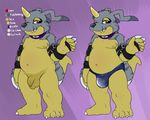  balls bulge chubby collar colored comparison d-yoshi digimon flaccid flat_colors fur_pelt gabumon hairless half-closed_eyes horn leather_straps long_foreskin looking_at_viewer male model_sheet moobs navel nude penis purple_background purple_eyes red_eyes sagging_balls scalie solo speedo standing swimsuit uncut waving 