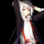  androgynous arms_behind_head black_background blood blood_on_face hair_ornament hairclip male_focus necktie onimi red_eyes short_sleeves smile solo stitches suspenders suzuya_juuzou tokyo_ghoul white_hair 