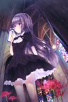  akemi_homura bare_legs black_hair church cross dress flower funeral_dress hairband long_hair mahou_shoujo_madoka_magica mahou_shoujo_madoka_magica_movie purple_eyes purple_hair shiramori_sawa solo spider_lily spoilers 