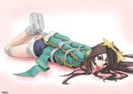  2014 aa_megami-sama angry bdsm bondage bound bow brown_eyes brown_hair dated facial_mark forehead_mark gag gagged hair_bow highres hogtie legs_up long_hair looking_at_viewer lying on_stomach shorts skuld solo stormcow 