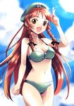  :d alternate_eye_color arm_at_side bangs bare_shoulders beret bikini braid breasts brown_eyes cloud cloudy_sky day green_bikini hair_ribbon hand_on_own_head hat hong_meiling large_breasts light_particles light_rays long_hair looking_at_viewer navel open_mouth parted_bangs primary_stage red_hair ribbon sky smile solo stomach swimsuit touhou tress_ribbon twin_braids 