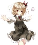  1girl blonde_hair collared_shirt cowboy_shot frilled_skirt frills gorilla_(bun0615) hair_ribbon highres long_sleeves looking_at_viewer necktie outstretched_arms red_eyes ribbon rumia shirt short_hair skirt skirt_set smile solo spread_arms touhou vest 