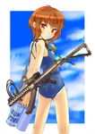  akimoto_kouji ass gas_cylinder goggles gun looking_at_viewer looking_back one-piece_swimsuit original school_swimsuit short_hair solo sterling_smg submachine_gun swimsuit weapon 