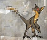  2014 ambiguous_gender angry brown_feathers dinosaur feral looking_back pixelated raptor scalie skia solo unknown_species 