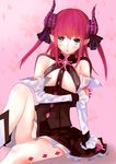  :o benbe blue_eyes claws detached_sleeves elizabeth_bathory_(fate) elizabeth_bathory_(fate)_(all) fate/extra fate/extra_ccc fate_(series) highres holding_arm horns long_hair looking_at_viewer pink_hair pointy_ears sitting solo tail two_side_up 