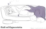  2014 anthro anthrofied black_and_white blanket cleavage clothed clothing collar cutie_mark dog_bed dog_bowl equine fall_of_equestria female friendship_is_magic hairpin horn lying mammal monochrome my_little_pony nude on_side phathusa princess_celestia_(mlp) severed_horn slave sleeping solo winged_unicorn wings zzz 
