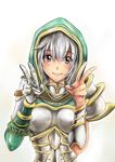  armor blush breasts double_v erementa eyelashes fingernails gloves green_eyes grin hair_between_eyes hood league_of_legends lips looking_at_viewer medium_breasts multicolored multicolored_eyes nail_polish red_eyes redeemed_riven riven_(league_of_legends) short_hair silver_hair single_glove smile solo v white_background 